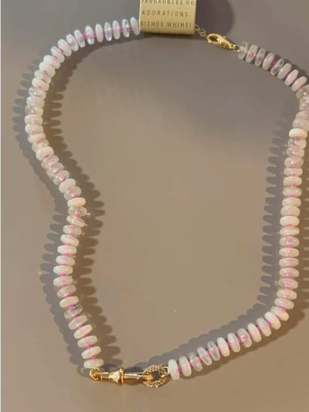 Anthropologie Pink and White Beaded Necklace with Gold Clasp
